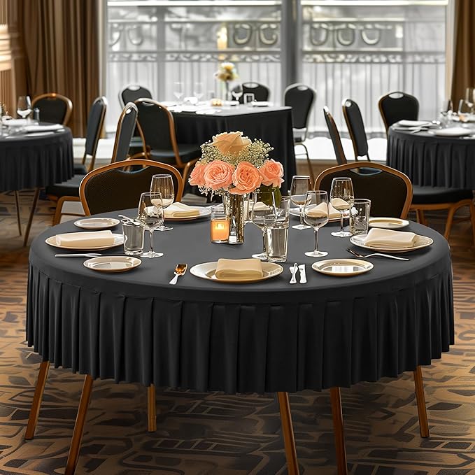 8 Pack Black Spandex Round Tablecloths for 72in Table, Stretchy Fitted 6FT Round Table Cloths, Wrinkle Free Table Cover with Skirt for Wedding Birthday Party Bridal Shower Banquet