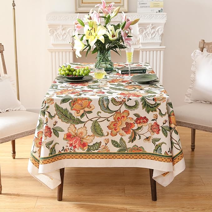 patdrea Designer Vintage Linen Rectangle Tablecloth,Provencal Rustic Floral Pattern Tablecloths,Decorative Table Cover Cloth for Kitchen,Dining Room,Tea Party,Home,Christmas,67"*118"