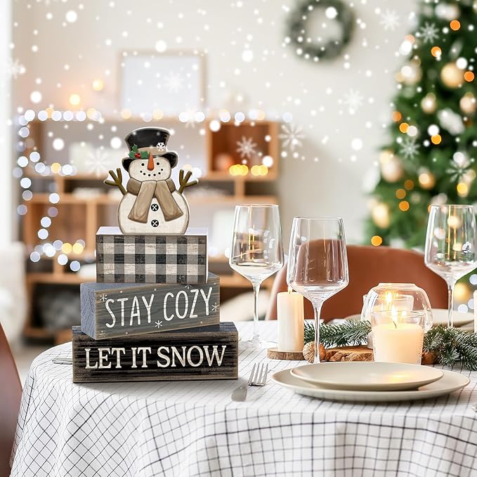 4 Pcs Winter Table Decorations Wooden Snowman Winter Tiered Tray Decor Rustic Block Signs Gift Farmhouse Christmas Centerpiece for Tables Party Kitchen Shelf Home