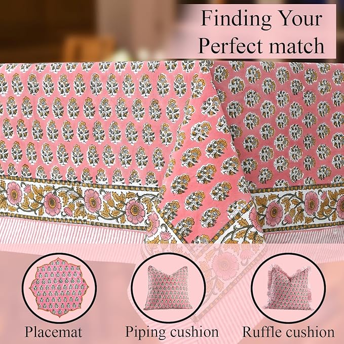 CPC Tablecloth 100% Cotton 70x108 Inch Indian Block Print Rectangle Table Cover, Washable Table Cloth for Weddings, Spring/Summer, Barbeque - Poppy Pink