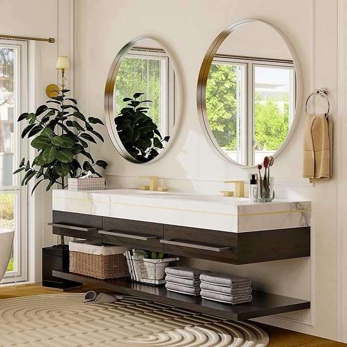 24 Inch Round Bathroom Mirror - Wall Mounted Circle Mirror with Metal Frame, Modern Mirror Suitable for Bathroom, Vanity, Entryway, Living Room, Wall Decor,Silver