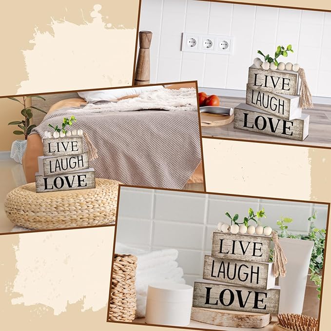 5 Pcs Rustic Farmhouse Tiered Tray Farmhouse Fake Books Decoration Life Laugh Love Wooden Tabletop Decor Love Block Decor Wood Block Sign Gift Centerpiece for Shelf Coffee Mantle Kitchen Table
