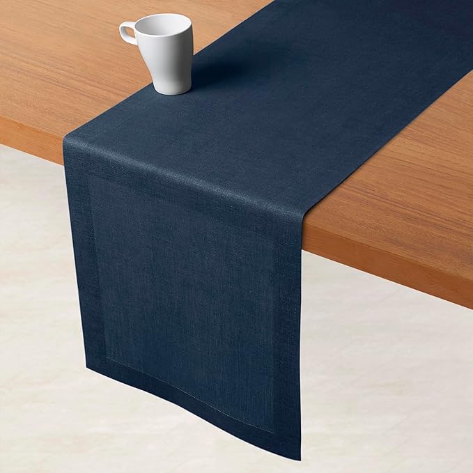 D'Moksha Homes Linen Table Runner 36 Inches - 100% Pure Linen Navy Blue Small Table Runner 14 x 36 Inch for Dresser, Coffee Tables, Easter - Machine Washable