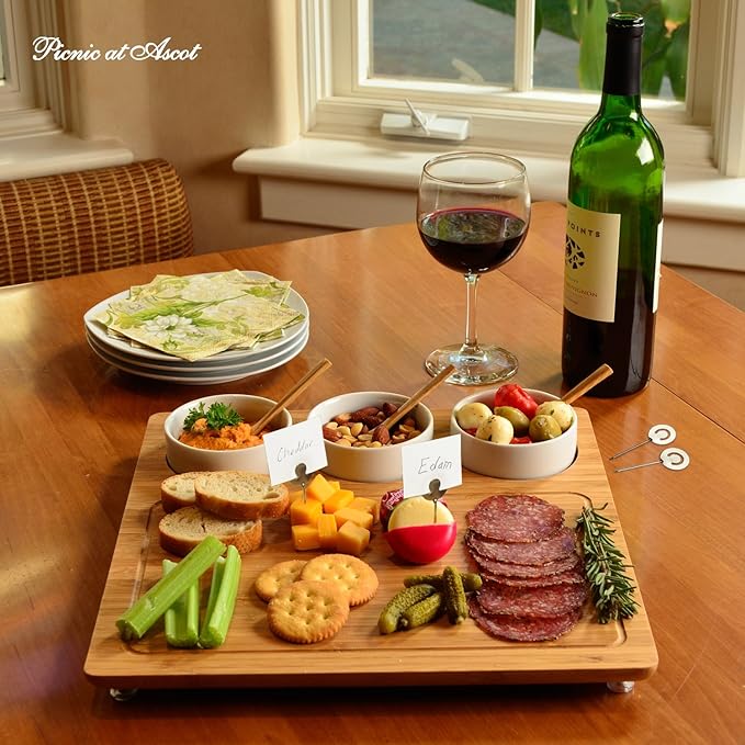 Picnic at Ascot Bamboo Cheese Board/Charcuterie Platter - Includes 3 Ceramic Bowls with Bamboo Spoons & Cheese Markers -13"x 13"- Designed and Quality Checked in the USA