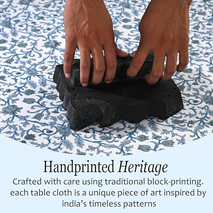 CPC Ocean Vine Tablecloth 100% Cotton 60x60 Inch Indian Block Print Rectangle Table Cover, Table Cloth for Gifting in Weddings, Halloween, Fall, Christmas, Thanksgiving