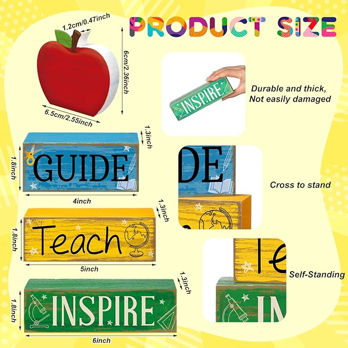 4 Pcs Back to School Table Decoration Apple Tiered Tray Decor End of School Year Teacher Appreciation Gift Decorative Apple Block Sign Centerpiece First Day Decor for Office Classroom