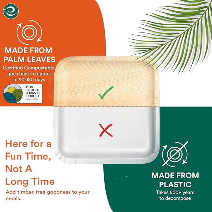 ECO SOUL Palm Leaf Plates 6" Square (200 Count) - Disposable, Eco-Friendly, Biodegradable Bamboo Appetizer Plates - Perfect Dinnerware for Parties, Weddings, Events & Holidays