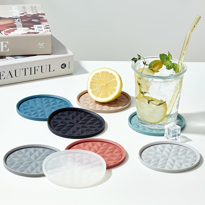Silicone Coasters for Drinks[6 Pack]- Cup Mat with Holder for Tabletop Protection-Non-Slip, Non-Stick, Coffee Table Decor, Great Gift for Any Occasion, Light Blue