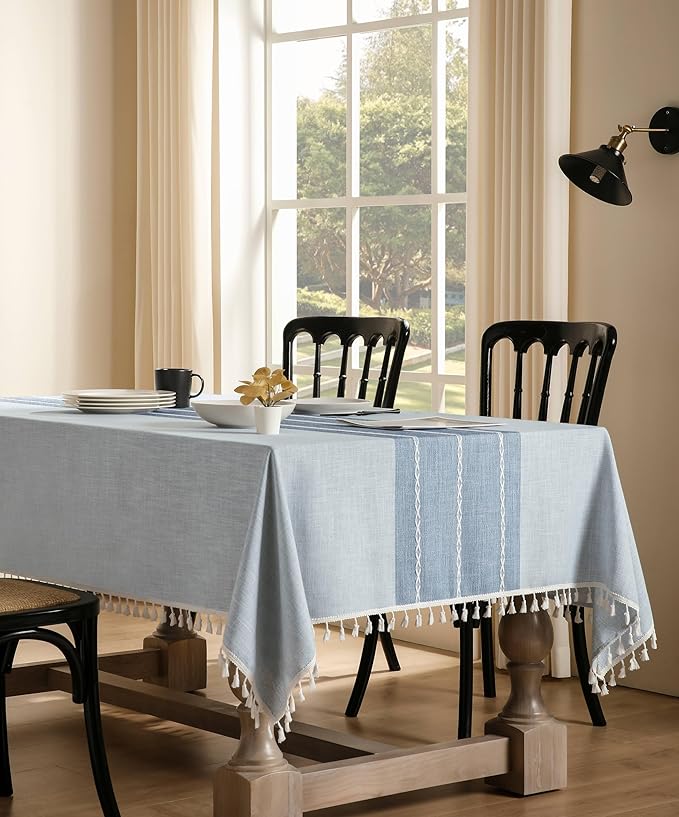 ZeeMart Contrast Linen Table Cloth Rectangle Table Cloths 60x120 Inch Blue, Farmhouse Style Heavy Weight Blue Tablecloth, Water Resistant Burlap Tablecloths