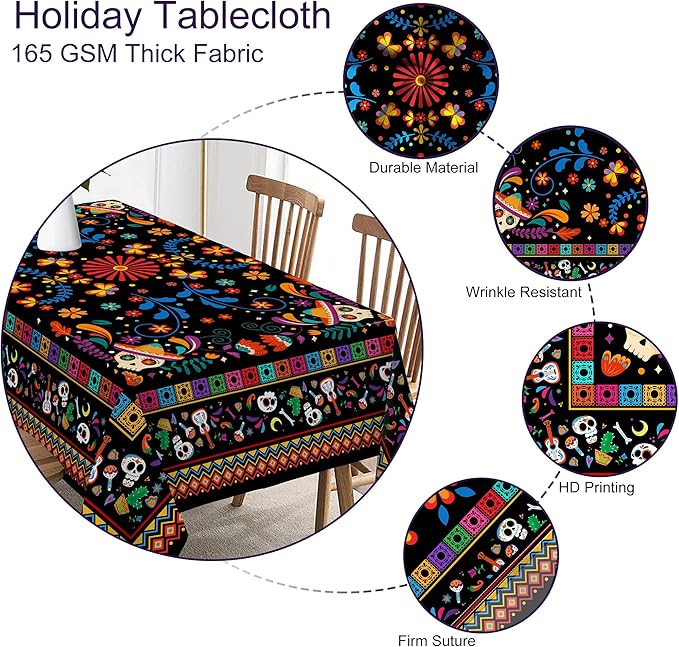 Mexican Tablecloth Round 70 Inch, Cinco De Mayo Flower Skull Table Cloth Fiesta Indoor Decorations for Dining Room Party