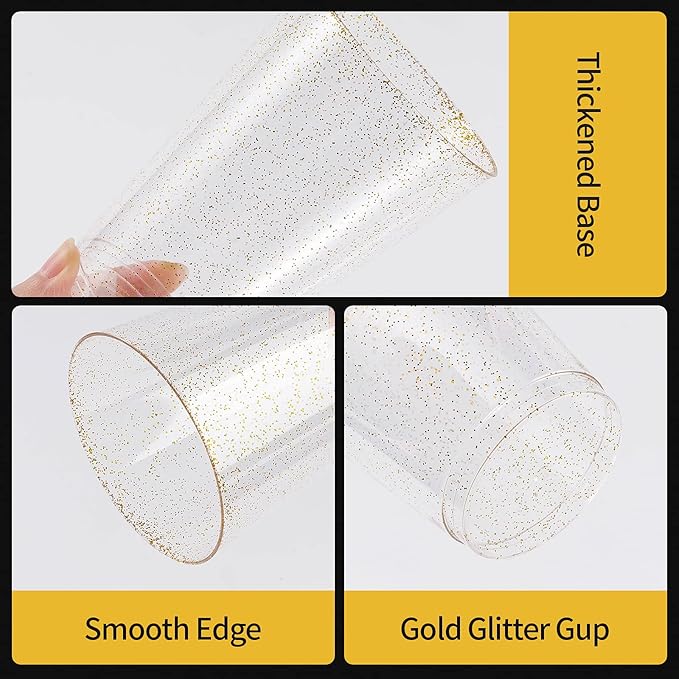 Goodluck 9 oz 100 PCS Gold Glitter Plastic Cups, Disposable Glitter Cups, Elegant Plastic Cocktail Glasses, Fancy Party Cups for Wedding, Birthday, Holiday