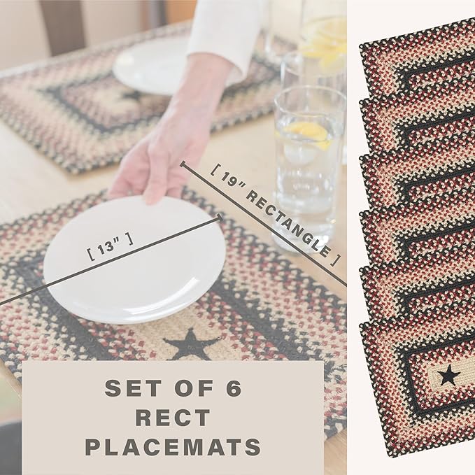 Homespice Primitive Star Gloucester Dining Placemats, Warm Primitive Decor, Set of 6, Black and Red - 13x19 Rectangle Table Mats - Vibrant Colors, Durable, Easy to Clean and Protects Furniture