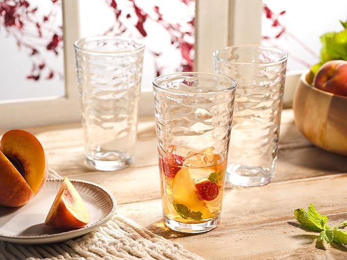 Glaver's Hammered Glass Cups. Cocktail Drinking Glasses Set of 6 Tall Kitchen Glasses, 17 oz Water Glassware For Bar, Juice, Beer, Iced Tea, Everyday Cordial Glasses Drinkware.