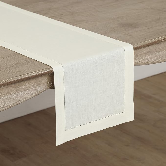 Solino Home Linen Ivory Table Runner 132 Inches Long - 100% Pure Linen Extra Long Table Runner 14 x 132 Inch for Spring, Easter - Classic Hemstitch