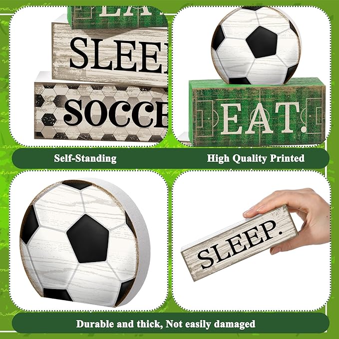 4 Pcs Soccer Wooden Tabletop Decor Soccer Tiered Tray Decor Rustic Wood Block Sign Gift Centerpiece Farmhouse Table Sign for Home Boys Room Office Shelf Birthday Party