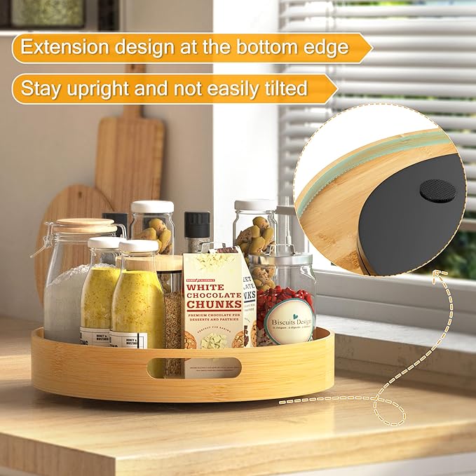 Lazy Susan Organizer Homerays 12 Inch Non-Skid Bamboo Lazy Susan for Kitchen Rotating Spice Rack with Handles, Wood Turntable for Kitchen Cabinet,Countertop (Bamboo, Medium)
