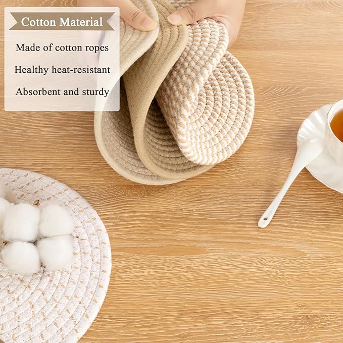 SHACOS 8 Inches Trivets for Hot Dishes, 4 Pieces Cotton Trivets Mats for Kitchen with Storage Basket, Hot Pads for Countertops and Table, Heat-Resistant Pot Holders for Hot Pots and Pans