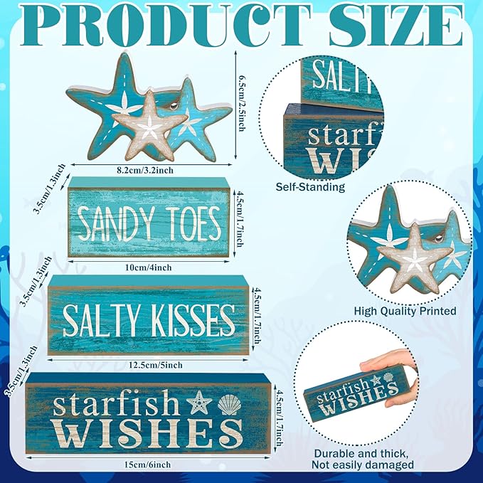 4 Pcs Summer Table Decorations Beach Tiered Tray Decor Starfish Coastal Rustic Wooden Block Sign Stacked Book Nautical Table Centerpiece for Farmhouse Home Living Room Office Desk Shelf Mantel