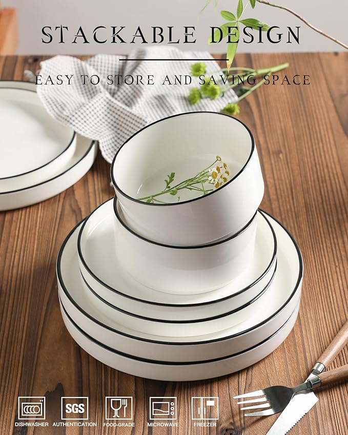 Sweejar Porcelain Dinnerware Sets for 6, 18 Pieces Ceramic Plates and Bowls Set, Classic Modern Simple Kitchen Dinner Dining Ware Set, Dishwasher and Microwave Safe Dishes Sets(Pure White-Black Rim)