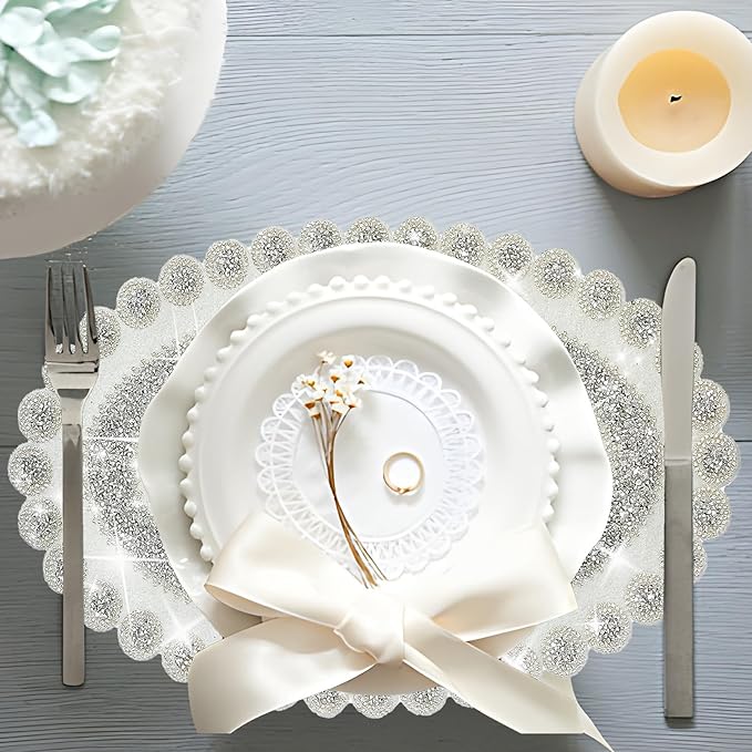 Sparkling Silver Diamond Placemats Bling Oval Place Mat Heat Elegant Table Decor for Weddings, Holidays, and Special Events (15x9 Inch)-8 PCS