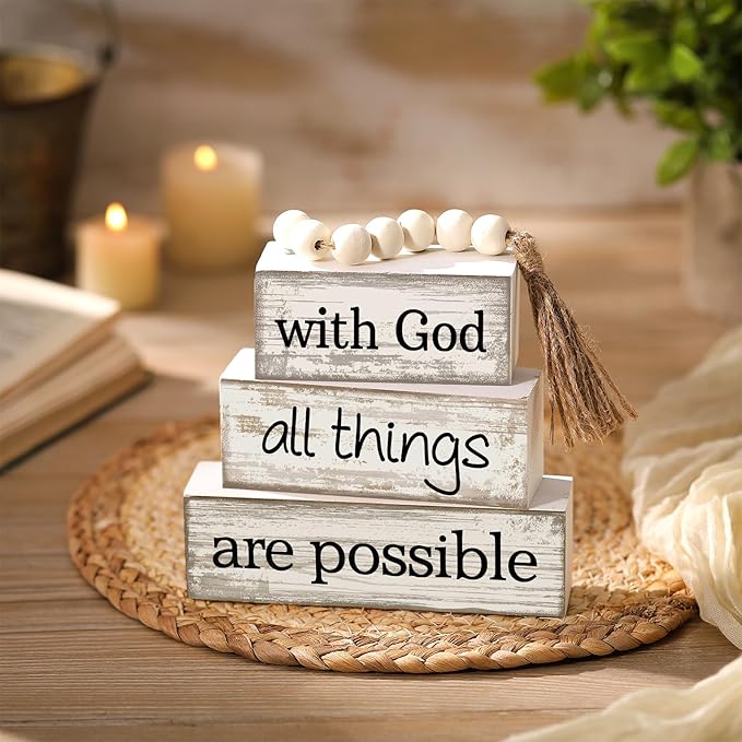 4 Pcs Farmhouse Wooden Tabletop Decor Farmhouse Tiered Tray Decor Rustic Retro Wood Bead Garland with God All Things are Possible Block Sign Neutral Centerpiece Sign for Home Shelf Mantle