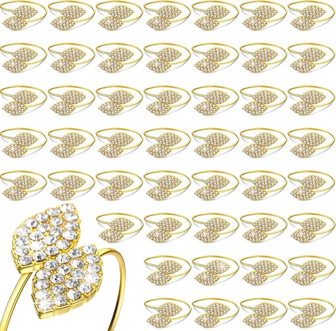 Hotop 500 Pcs Valentine's Day Napkin Rings Gold Table Decorations, Elegant Bling Leaves Napkin Rings, Rhinestone Guest Towels Buckle for Holiday Gather Party, Wedding Dinner Banquet Table Decoration