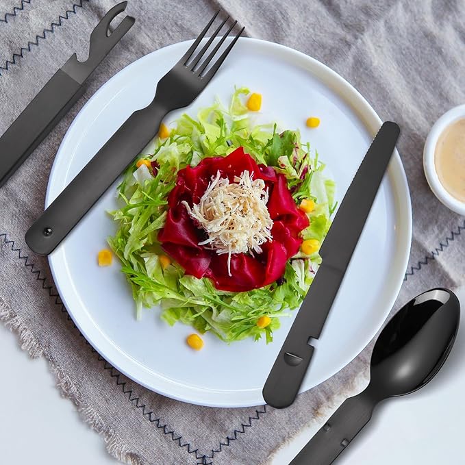 Portable Silverware Black Flatware Camping Cutlery Stainless Steel Spoon Fork Knife and Bottle Opener 4 Pieces Utensil Outdoor Travel Foldable Easy to Clean