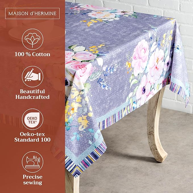 Maison d' Hermine Table Cloth Rectangle Table 100% Cotton 60 x 120 Inches Tablecloth Reusable Decorative for Dining Room Farmhouse Valentines Day Decorations Spring Summer - Sweet Rose Lavender - Lush