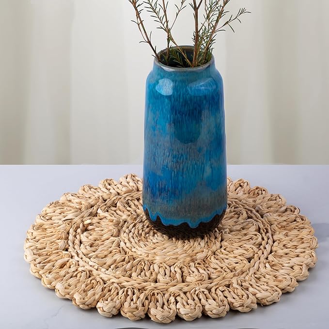 15" Corn Husk Woven Round Placemats Set of 4 - Wicker Boho Farmhouse Placemats - Rattan Table Mats Like Water Hyacinth for Dining Table, Wedding, Home, Christmas, Party