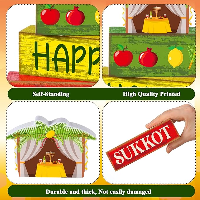 4 Pcs Happy Sukkot Table Decorations Sukkot Centerpieces for Tables Wooden Tabletop Party Decorations Rustic Block Sign for Tiered Tray Shelf Office Jewish Holiday Celebration Supplies