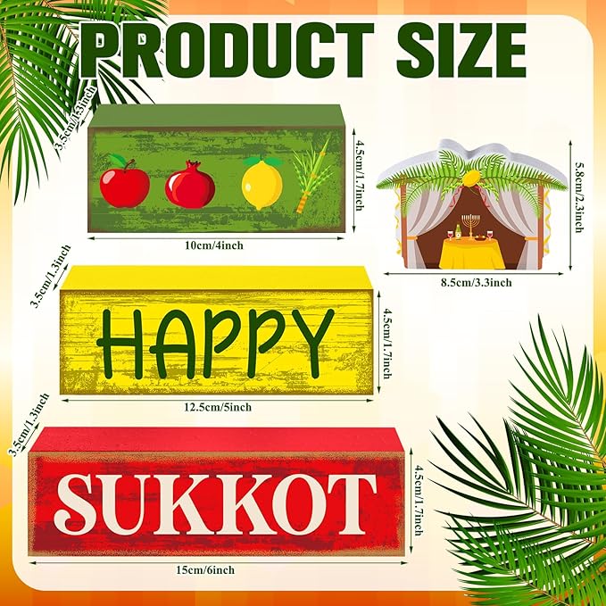 4 Pcs Happy Sukkot Table Decorations Sukkot Centerpieces for Tables Wooden Tabletop Party Decorations Rustic Block Sign for Tiered Tray Shelf Office Jewish Holiday Celebration Supplies