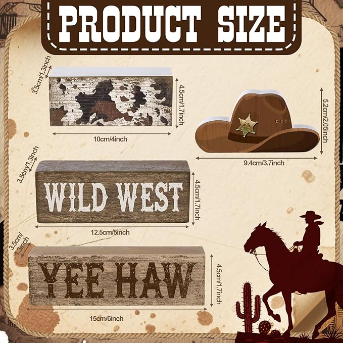 4 Pcs Western Tiered Tray Decorations Set Cowboy Hat Stack Block Signs Desert Farmhouse Rustic Tabletop Tiered Tray Decor for Table Shelf Home Office
