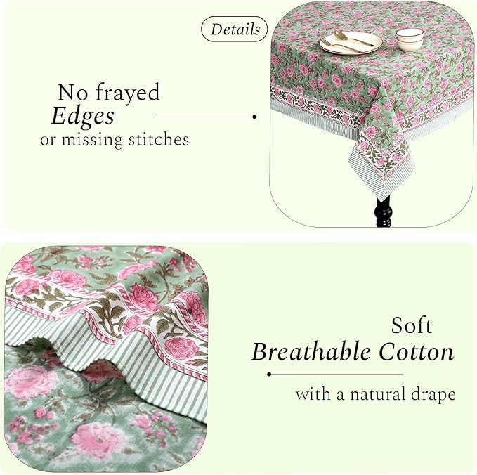 CPC Tablecloth 100% Cotton 60x90 Inch Indian Block Print Rectangle Table Cover, Washable Table Cloth for Weddings, Spring/Summer, Barbeque - Pink Tourmaline
