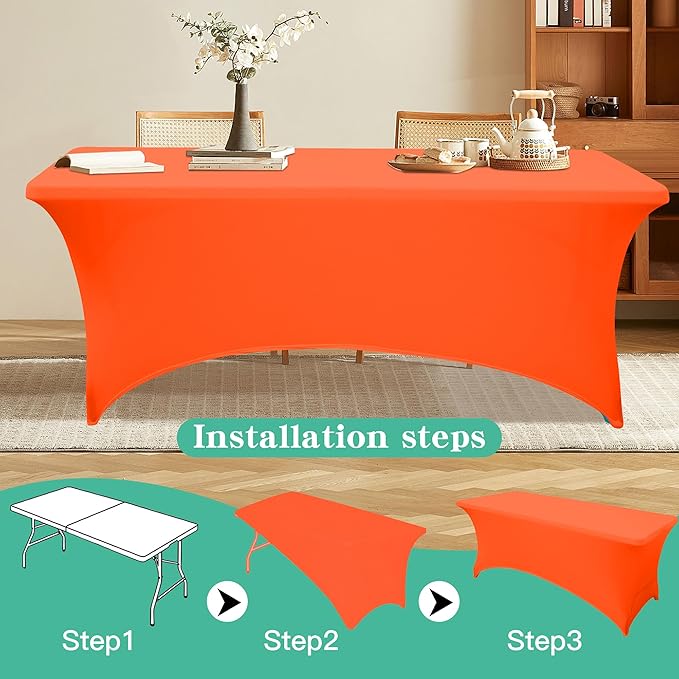 6Pack 6FT Table Cloth for Rectangular Fitted Events Stretch Orange Table Covers Washable Spandex Tablecloth Protector for Party, Wedding, Cocktail, Banquet, Festival