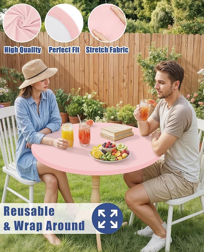 Round Spandex Valentines Day Tablecloth, Elastic Fitted Waterproof Tablecloths for 45"-56" Tables, Stretch Washable Picnic Table Cover for Camping, Dining, Indoor and Outdoor, Pink