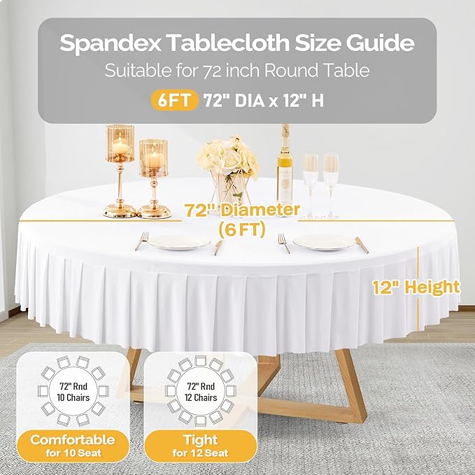 8 Pack White Spandex Round Tablecloths for 72in Table, Stretchy Fitted 6FT Round Table Cloths, Wrinkle Free Table Cover with Skirt for Wedding Birthday Party Bridal Shower Banquet