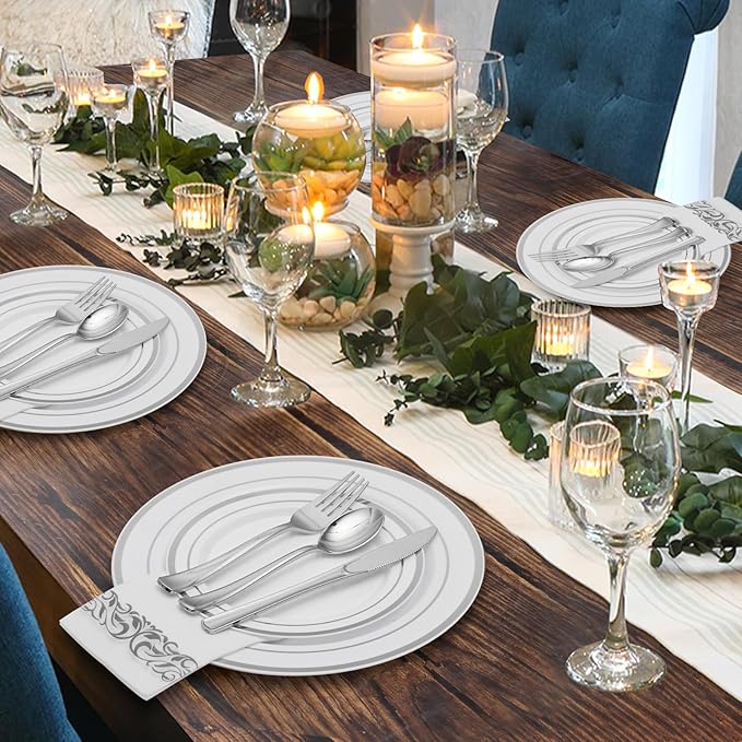 Goodluck 350 Piece Silver Dinnerware Set for 50 Guests, disposable Plastic Plates for Party, Include: 50 Dinner Plates, 50 Dessert Plates, 50 Paper Napkins, 50 Cups, 50 Silverware set