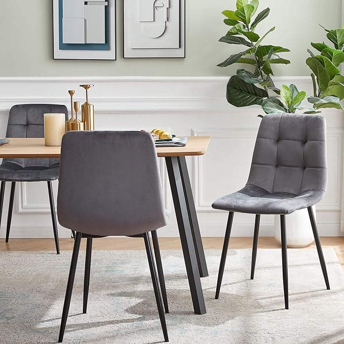 Dining Chair Set of 4,Modern Home Chair Upholstered Velvet Armless Chair,Elegant Velvet Kitchen Chair Plaid Tufted Pattern with Black Metal Legs for Vanity,Dining Room,Grey
