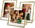 Gold Floating Picture Frames - Set of 3, for Photo Size 4×4, 4×6, 5×7, Vertical Tabletop Display, Double Glass Metal Frame for Wedding, Home or Office Desk Decoration (Gold)