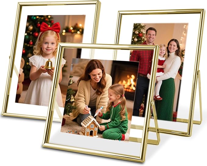 Gold Floating Picture Frames - Set of 3, for Photo Size 4×4, 4×6, 5×7, Vertical Tabletop Display, Double Glass Metal Frame for Wedding, Home or Office Desk Decoration (Gold)