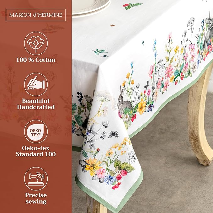 Maison d' Hermine Table Cloth Rectangle Table 100% Cotton 70 x 140 Inches Tablecloth Reusable Decorative for Dining Room Farmhouse Home Valentines Day Decorations Spring Summer - Printemps