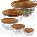 Large Stackable Set of 5 Nesting Glass Bowls with Acacia Lids for Foodprep, Storage, Baking, Sourdough Mixing & Cooking. Microwave & Oven Safe Heat Resistant Inert Borosilicate Glass