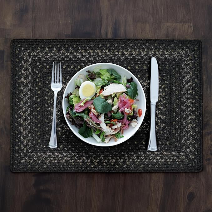 Homespice Jet Black Dining Placemats, Warm Primitive Decor, Set of 6-13x19 Rectangle Table Mats - Vibrant Colors, Durable, Easy to Clean and Protects Furniture