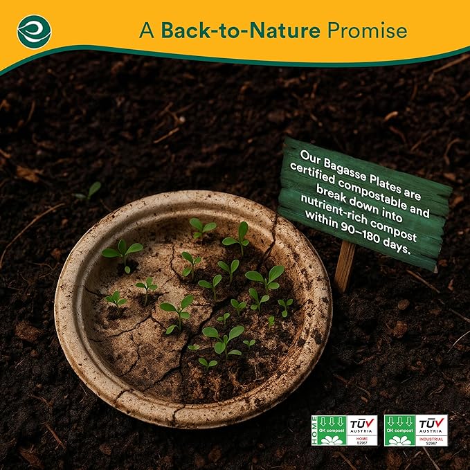 ECO SOUL Compostable 9 Inch(200-Pack) Biodegradable Heavy-Duty Disposable Eco-Friendly Paper Plates for Dinner & Parties, Wedding, Event