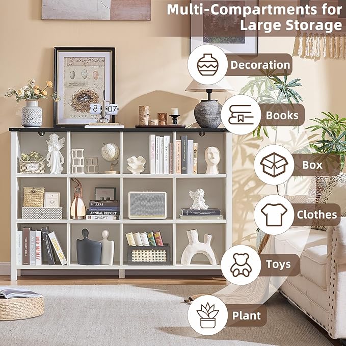 12 Cube Storage Organizer, Farmhouse 62 Inch Warm White Display Bookshelf, Wooden 3 Tier Large Open Book Shelf, Modern Bookcase for Home Office, Rustic Cubby Cabinet for Living Room, Bedroom