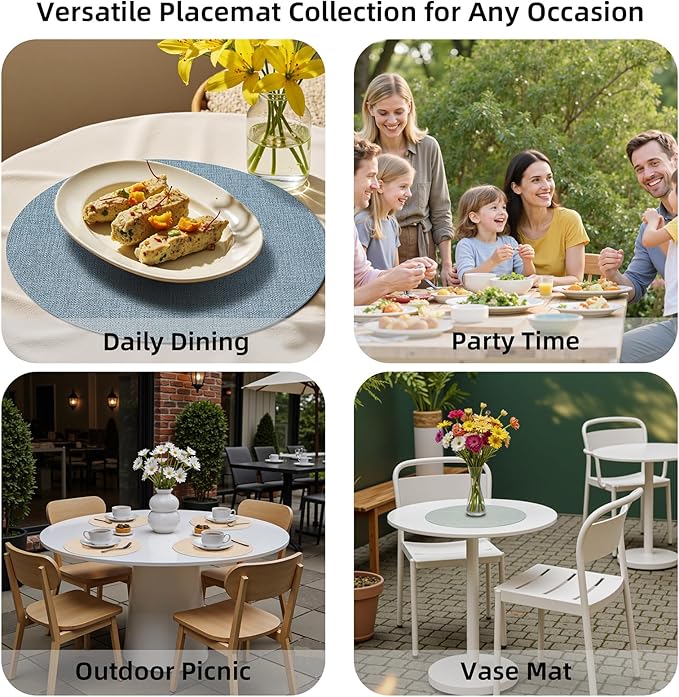 Round Wipeable Placemats Set of 4 – Faux Leather Round Table Mats, Waterproof & Washable Vinyl Placemats, Circle Design for Dining Table Decor– Sage Green