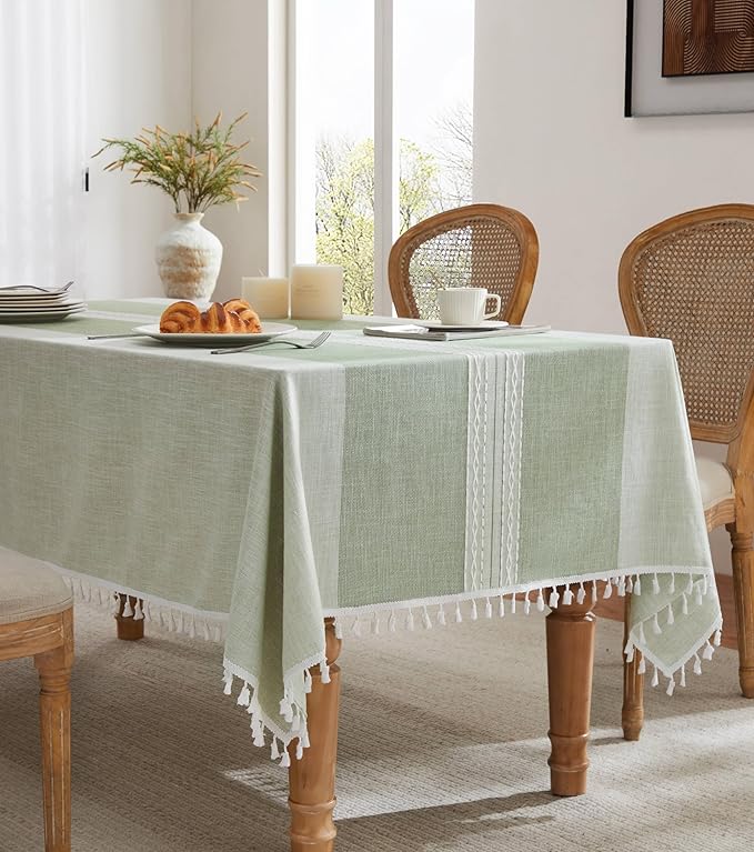 ZeeMart Contrast Linen Table Cloth Square Table Cloths 52x52 Inch Mid-Stripe Green, Farmhouse Style Heavy Weight Sage Green Tablecloth, Water Resistant Burlap Tablecloths
