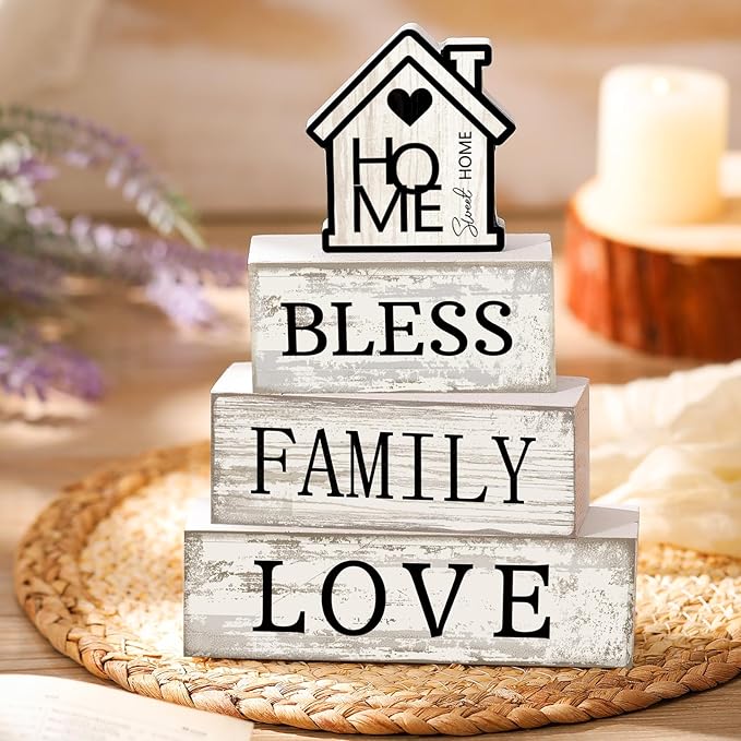 4 Pcs Farmhouse Wooden Tabletop Decor Sweet Home Tiered Tray Decor Rustic Retro Wood Bless Family Love Block Sign Gift Neutral Centerpiece Farmhouse Table Sign for Home Shelf Mantle