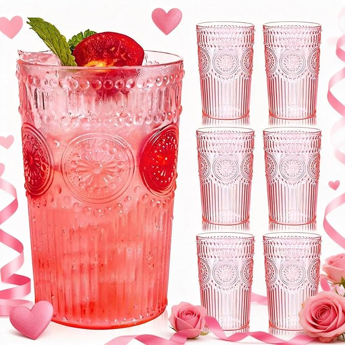 Ciaell 12 Pack Romantic Plastic Water Glasses - 14 Oz Pink Vintage Drinking Glasses, Embossed Ribbed Plastic Cups, Textured Striped Set for Juice, Beverages, Beer, Cocktail & Valentine's Day