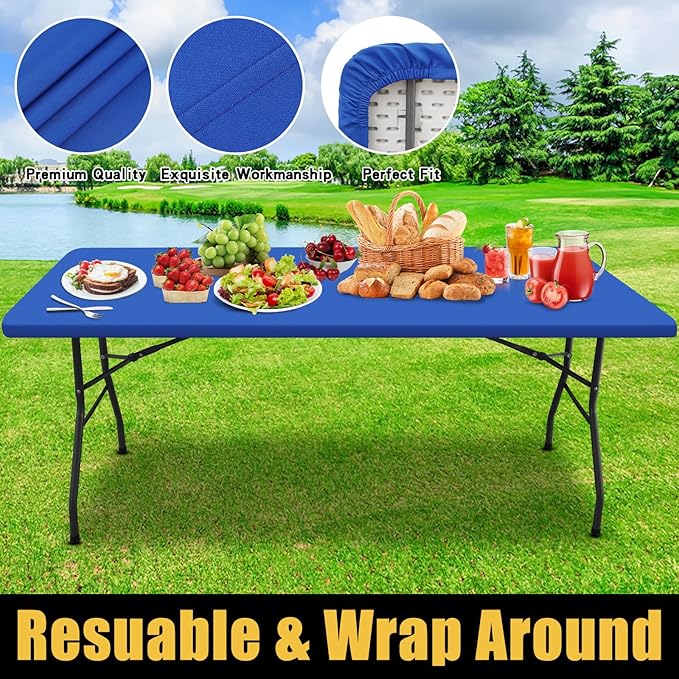 Smiry Rectangle Picnic Table Cloth, Waterproof Elastic Fitted Tablecloths for 6 Foot Tables, Washable Polyester Table Cover for Camping, Indoor and Outdoor (Blue, 30"x72")